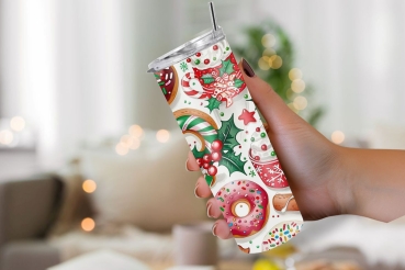Thermobecher mit festlichem Lebkuchen- und Zuckerstangen-Design, 590 ml, weihnachtliches Motiv mit Stechpalmen und Donuts, ideal für heiße oder kalte Getränke.